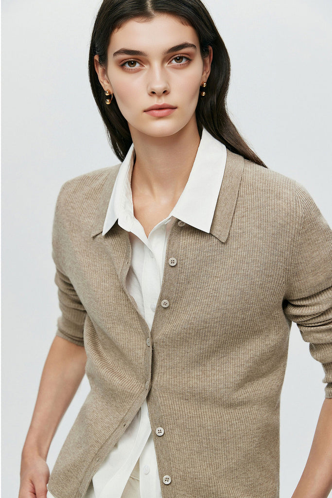 Lightweight Wool-Blend Fitted Polo Cardigan Sweater  Fibflx