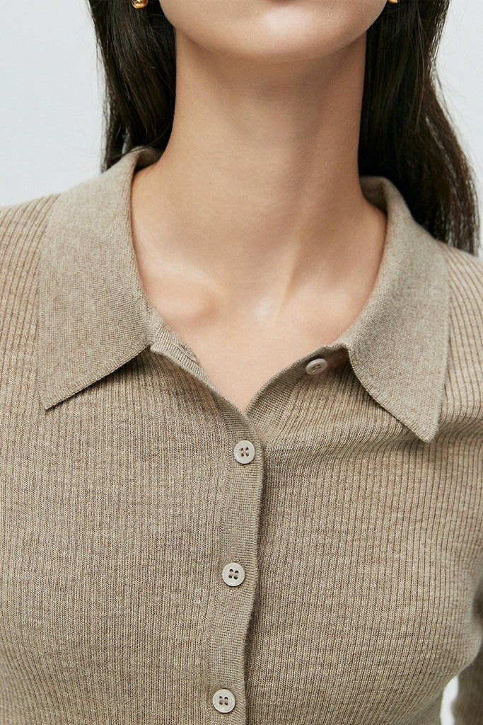 Lightweight Wool-Blend Fitted Polo Cardigan Sweater  Fibflx