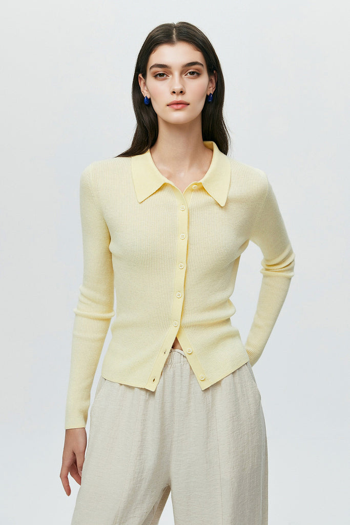 Lightweight Wool-Blend Fitted Polo Cardigan Sweater Pale Yellow / L Fibflx