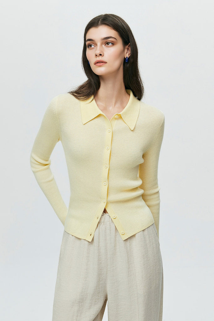 Lightweight Wool-Blend Fitted Polo Cardigan Sweater  Fibflx