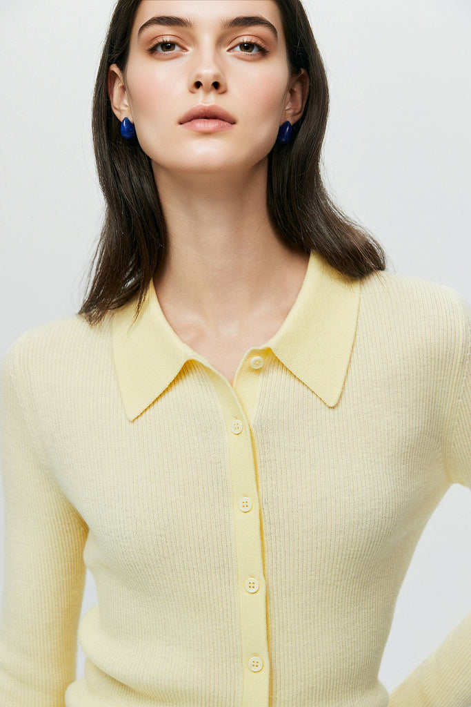 Lightweight Wool-Blend Fitted Polo Cardigan Sweater  Fibflx