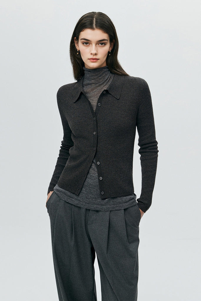 Lightweight Wool-Blend Fitted Polo Cardigan Sweater Still Grey / L Fibflx