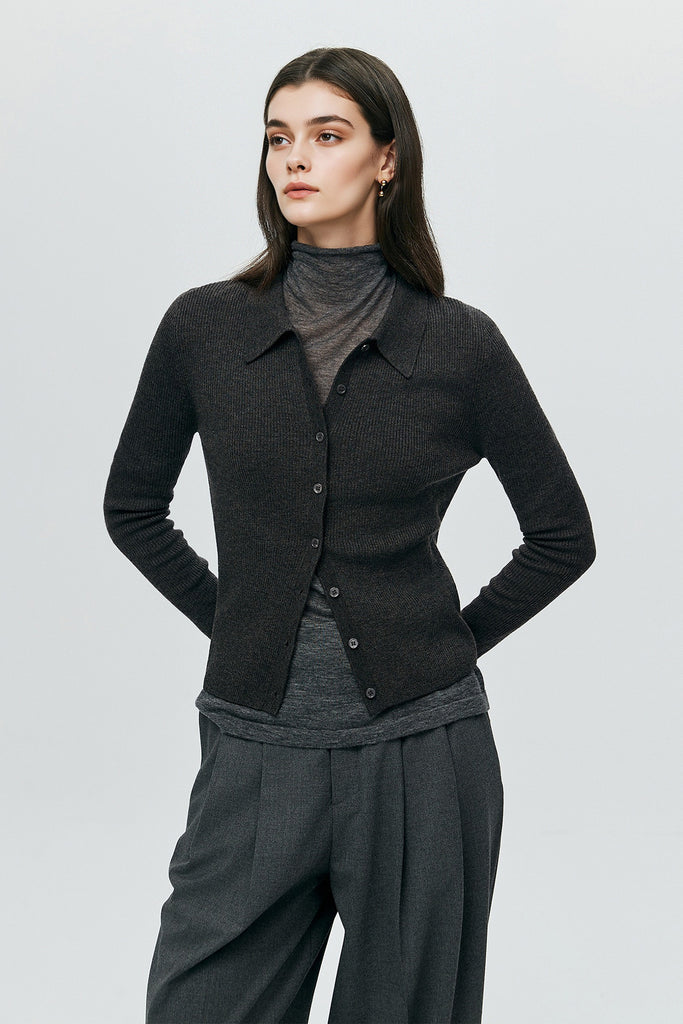 Lightweight Wool-Blend Fitted Polo Cardigan Sweater  Fibflx