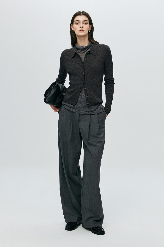 Lightweight Wool-Blend Fitted Polo Cardigan Sweater  Fibflx