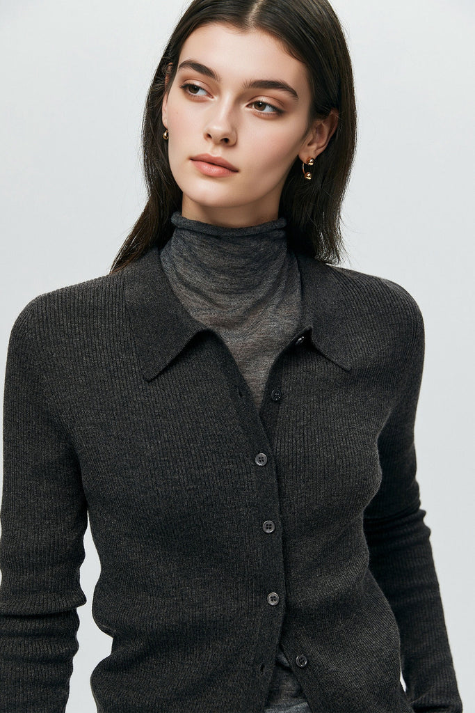 Lightweight Wool-Blend Fitted Polo Cardigan Sweater  Fibflx