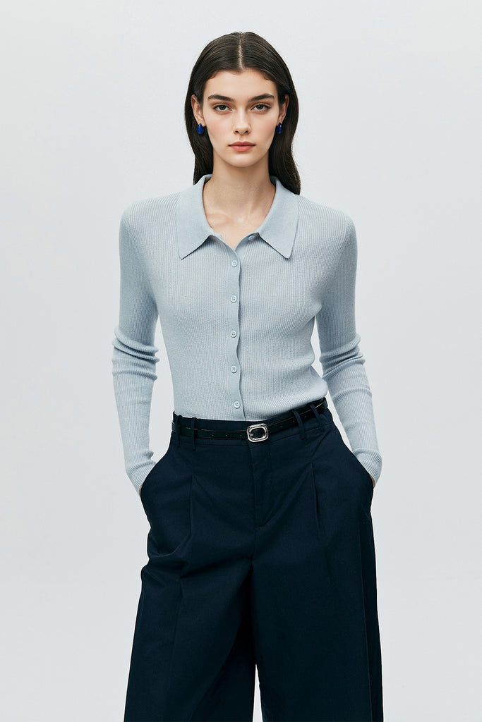 Lightweight Wool-Blend Fitted Polo Cardigan Sweater Tranquil Blue / L Fibflx