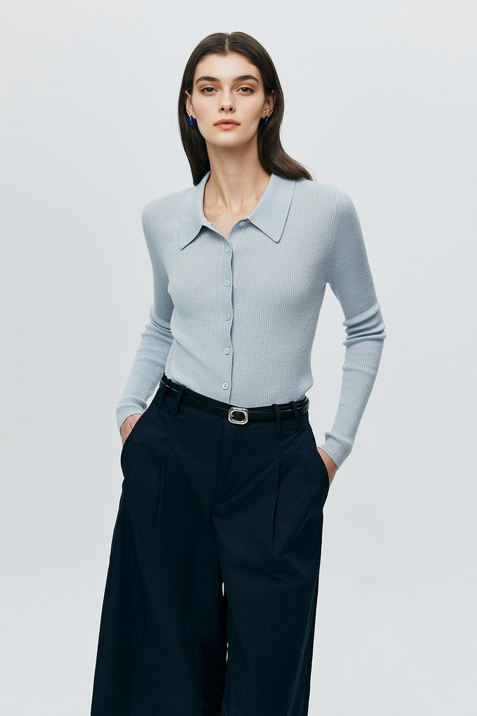 Lightweight Wool-Blend Fitted Polo Cardigan Sweater  Fibflx