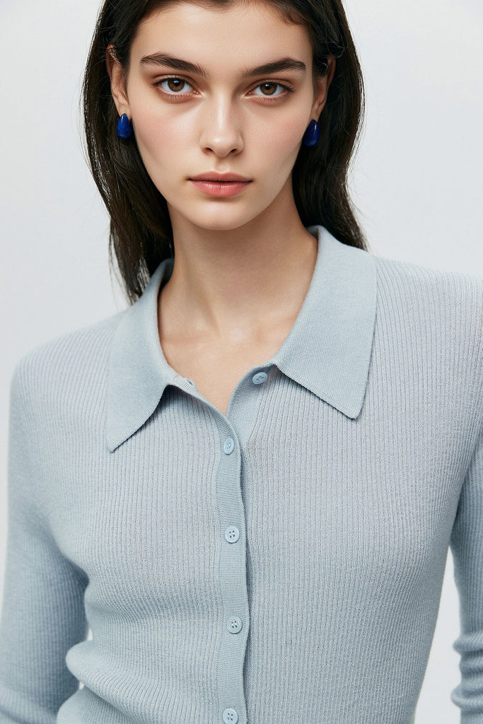 Lightweight Wool-Blend Fitted Polo Cardigan Sweater  Fibflx