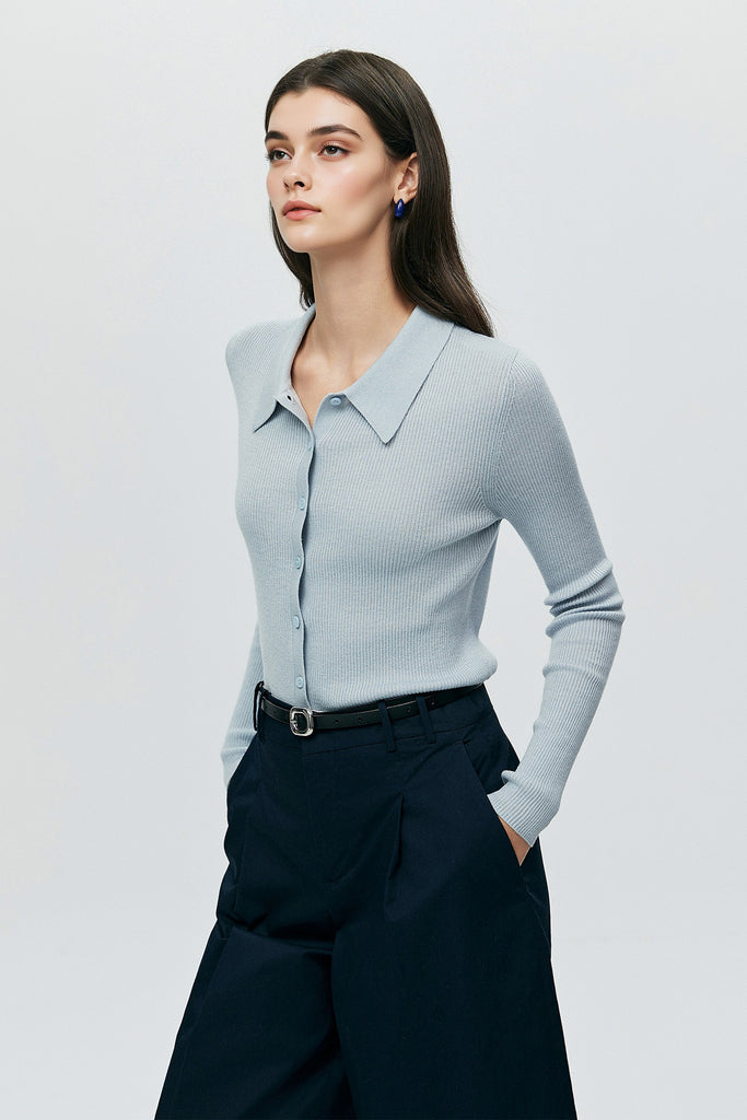 Lightweight Wool-Blend Fitted Polo Cardigan Sweater  Fibflx