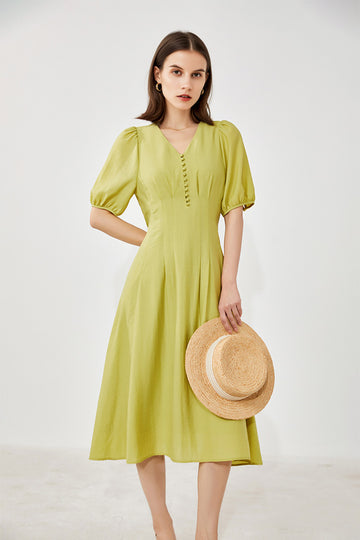 Lime Green V-Neck A-Line Midi Dress - Fibflx