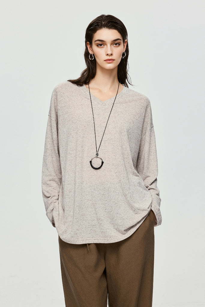 Linen-Blend V-Neck Long-Sleeve Tee - Fibflx