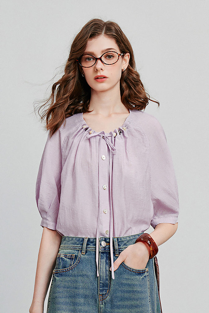 Linen Elbow-Sleeve Button-Up Blouse With Beaded Tie Neck L / Amethyst Purple / 67.1% Viscose 22.9% Nylon 10 Fibflx