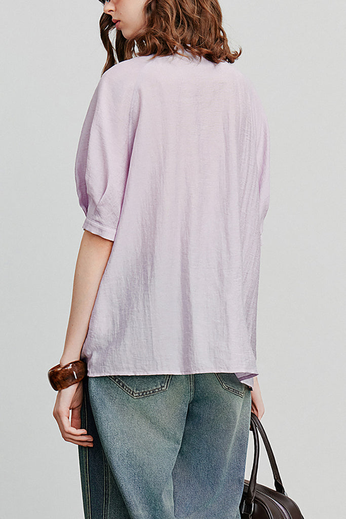 Linen Elbow-Sleeve Button-Up Blouse With Beaded Tie Neck  Fibflx