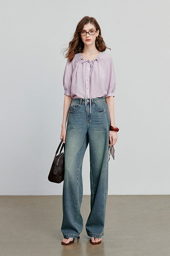 Linen Elbow-Sleeve Button-Up Blouse With Beaded Tie Neck  Fibflx