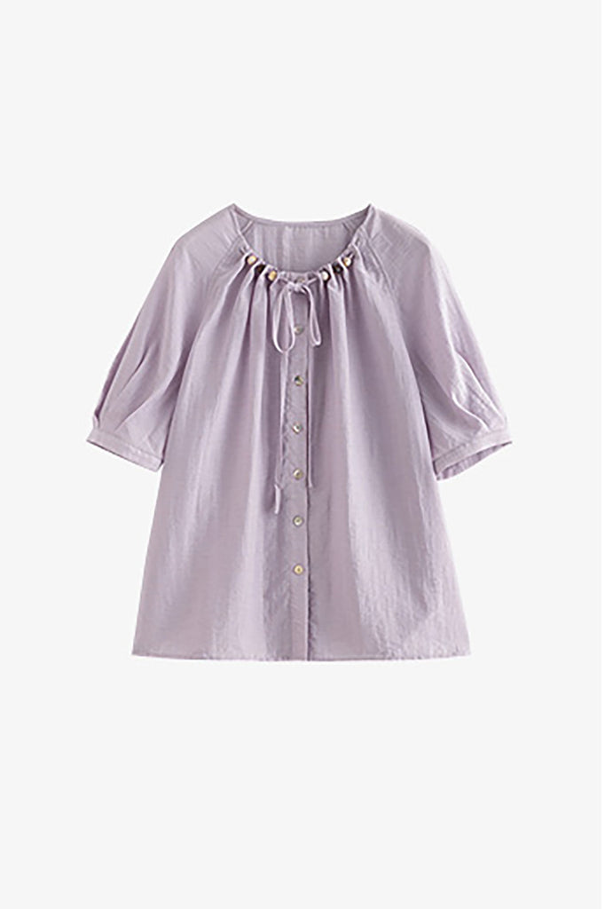 Linen Elbow-Sleeve Button-Up Blouse With Beaded Tie Neck  Fibflx