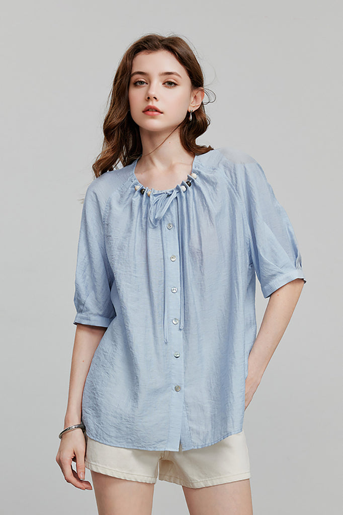 Linen Elbow-Sleeve Button-Up Blouse With Beaded Tie Neck L / Sonata Blue / 67.1% Viscose 22.9% Nylon 10% Li Fibflx