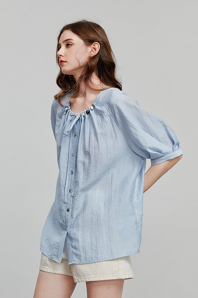 Linen Elbow-Sleeve Button-Up Blouse With Beaded Tie Neck  Fibflx