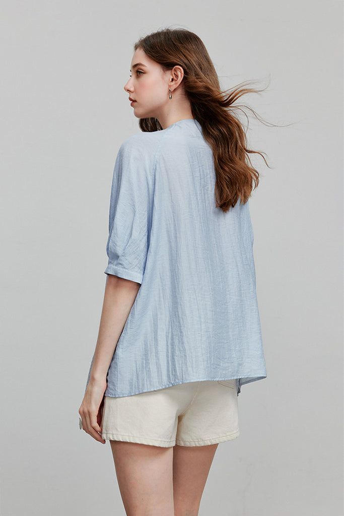 Linen Elbow-Sleeve Button-Up Blouse With Beaded Tie Neck  Fibflx