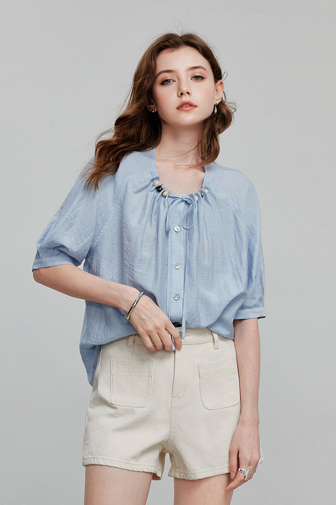 Linen Elbow-Sleeve Button-Up Blouse With Beaded Tie Neck  Fibflx