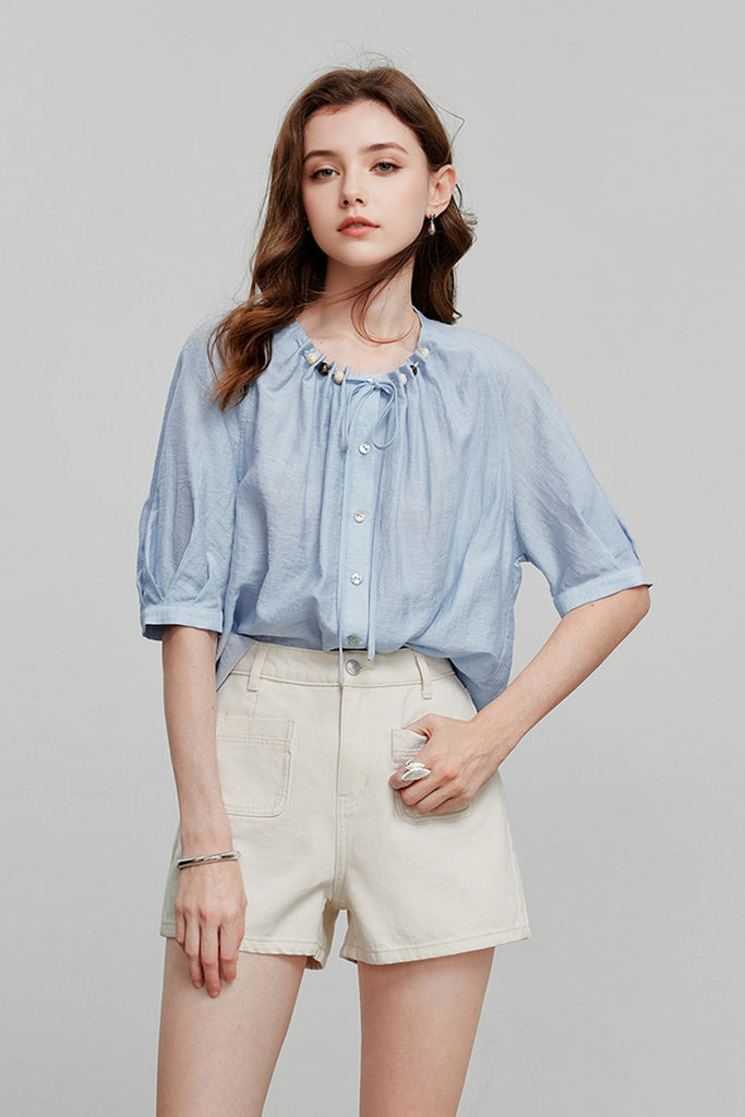Linen Elbow-Sleeve Button-Up Blouse With Beaded Tie Neck  Fibflx