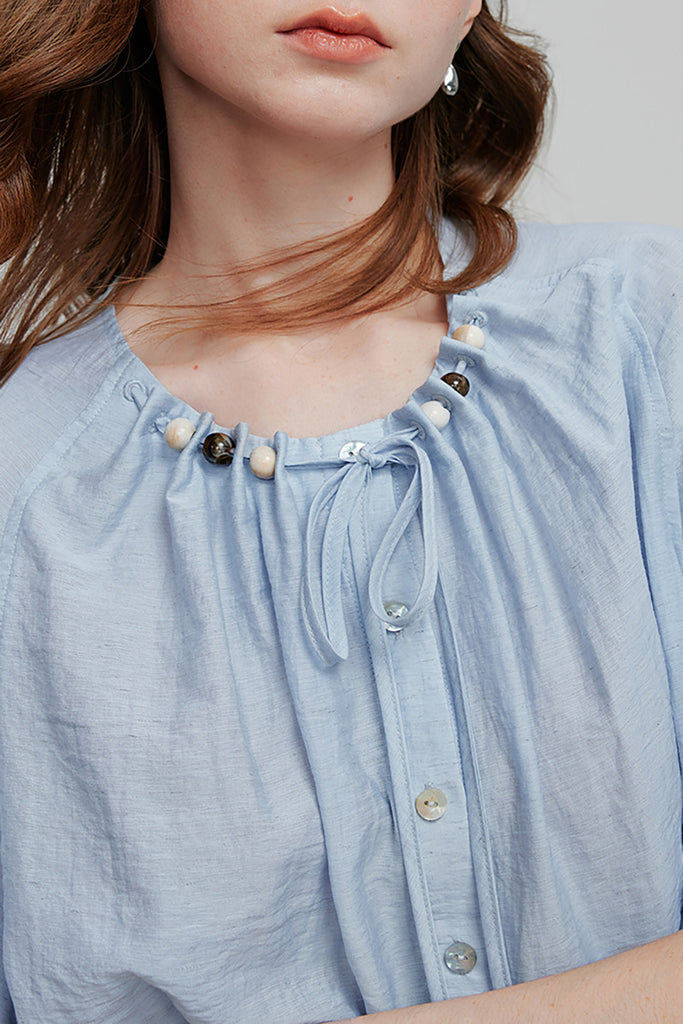 Linen Elbow-Sleeve Button-Up Blouse With Beaded Tie Neck  Fibflx