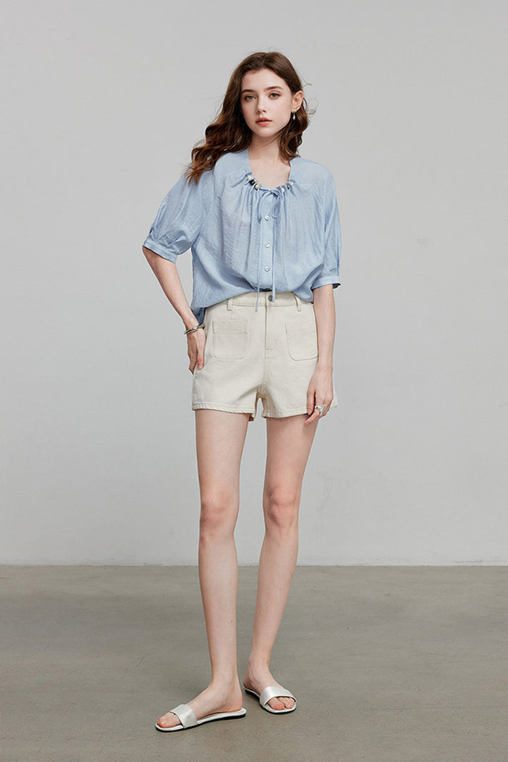 Linen Elbow-Sleeve Button-Up Blouse With Beaded Tie Neck  Fibflx