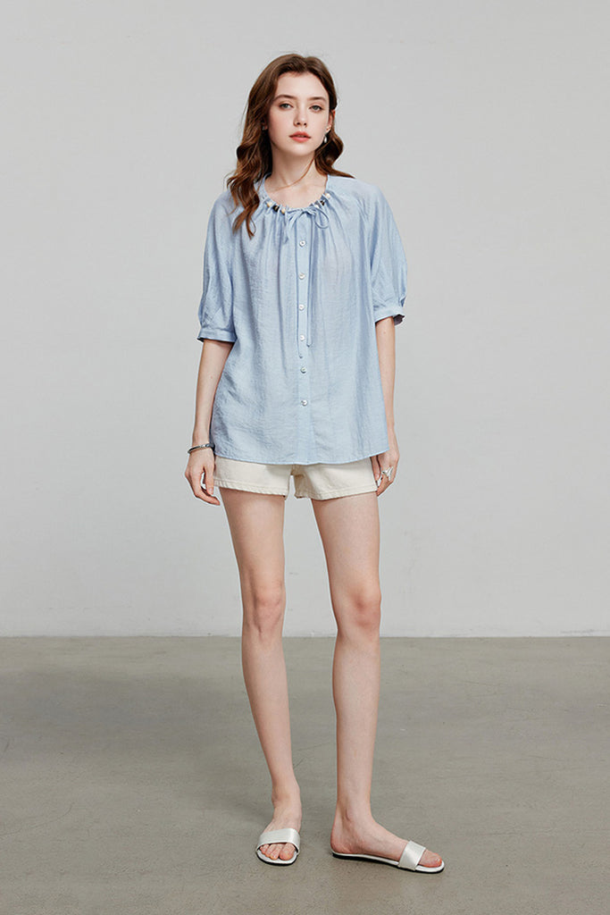 Linen Elbow-Sleeve Button-Up Blouse With Beaded Tie Neck  Fibflx