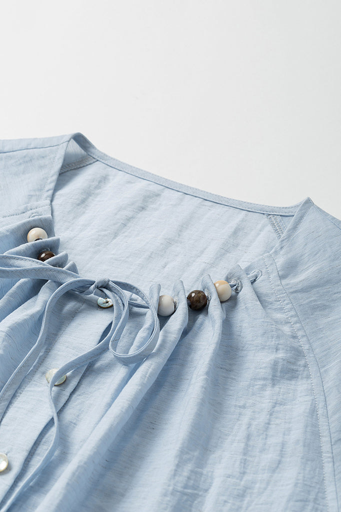 Linen Elbow-Sleeve Button-Up Blouse With Beaded Tie Neck  Fibflx