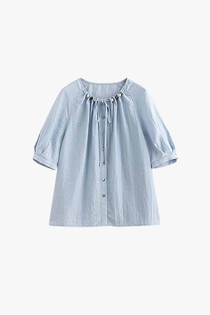 Linen Elbow-Sleeve Button-Up Blouse With Beaded Tie Neck  Fibflx