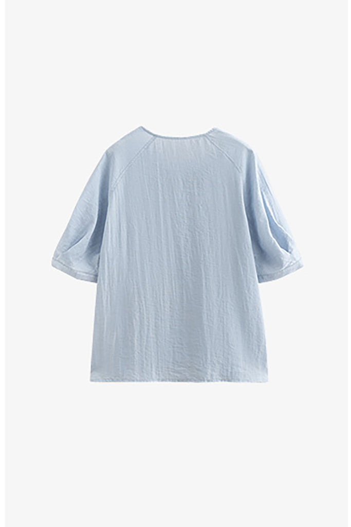 Linen Elbow-Sleeve Button-Up Blouse With Beaded Tie Neck  Fibflx