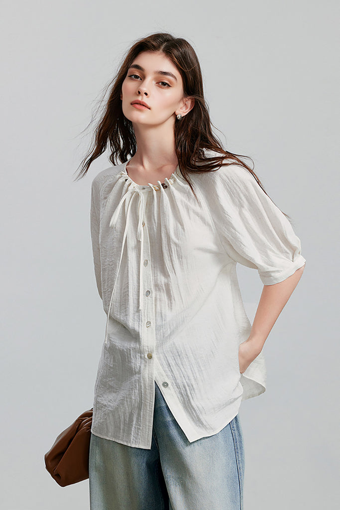 Linen Elbow-Sleeve Button-Up Blouse With Beaded Tie Neck L / White / 67.1% Viscose 22.9% Nylon 10% Linen Fibflx