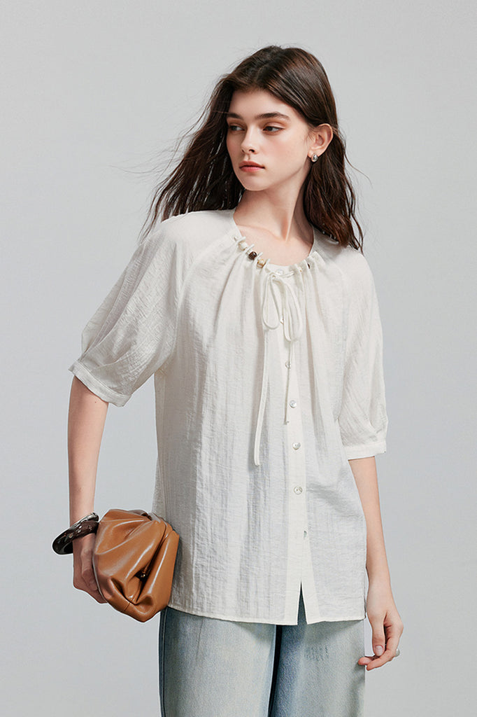 Linen Elbow-Sleeve Button-Up Blouse With Beaded Tie Neck  Fibflx