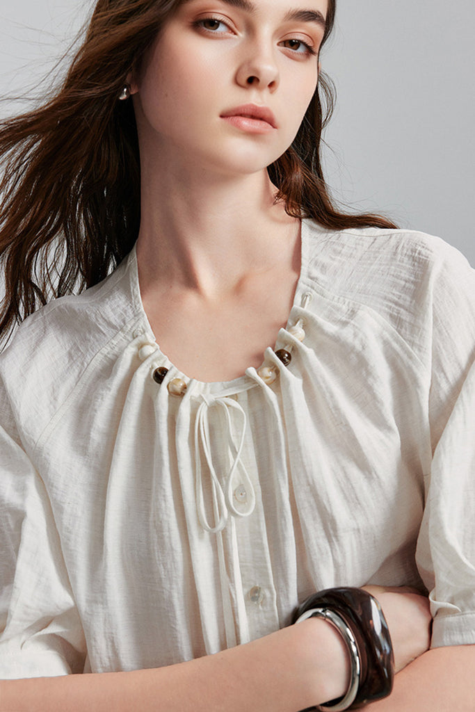 Linen Elbow-Sleeve Button-Up Blouse With Beaded Tie Neck  Fibflx