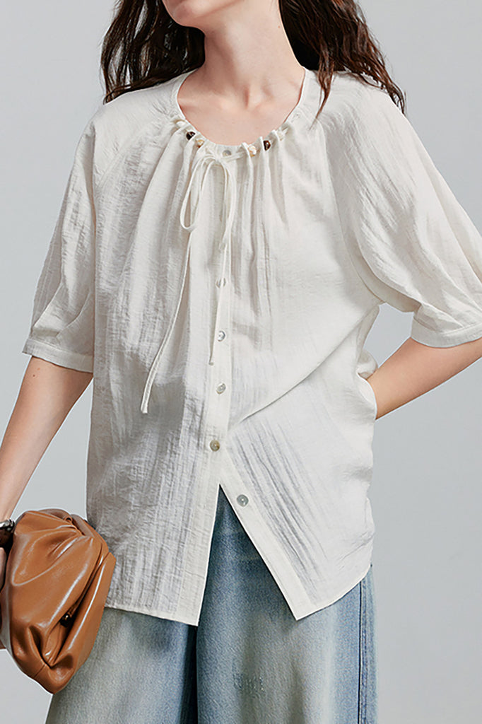 Linen Elbow-Sleeve Button-Up Blouse With Beaded Tie Neck  Fibflx