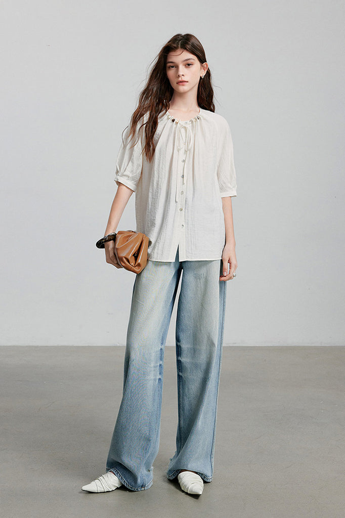 Linen Elbow-Sleeve Button-Up Blouse With Beaded Tie Neck  Fibflx
