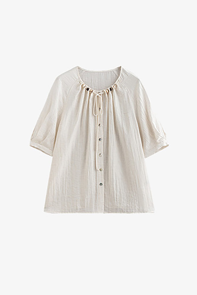 Linen Elbow-Sleeve Button-Up Blouse With Beaded Tie Neck  Fibflx