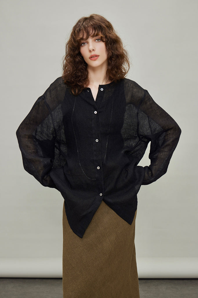 Linen Oversized Collarless Sheer Beach Shirt - Fibflx