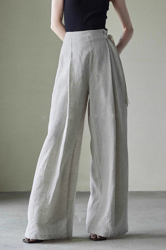 Linen Side-Tie Wide-Leg Pleated Pants  Fibflx