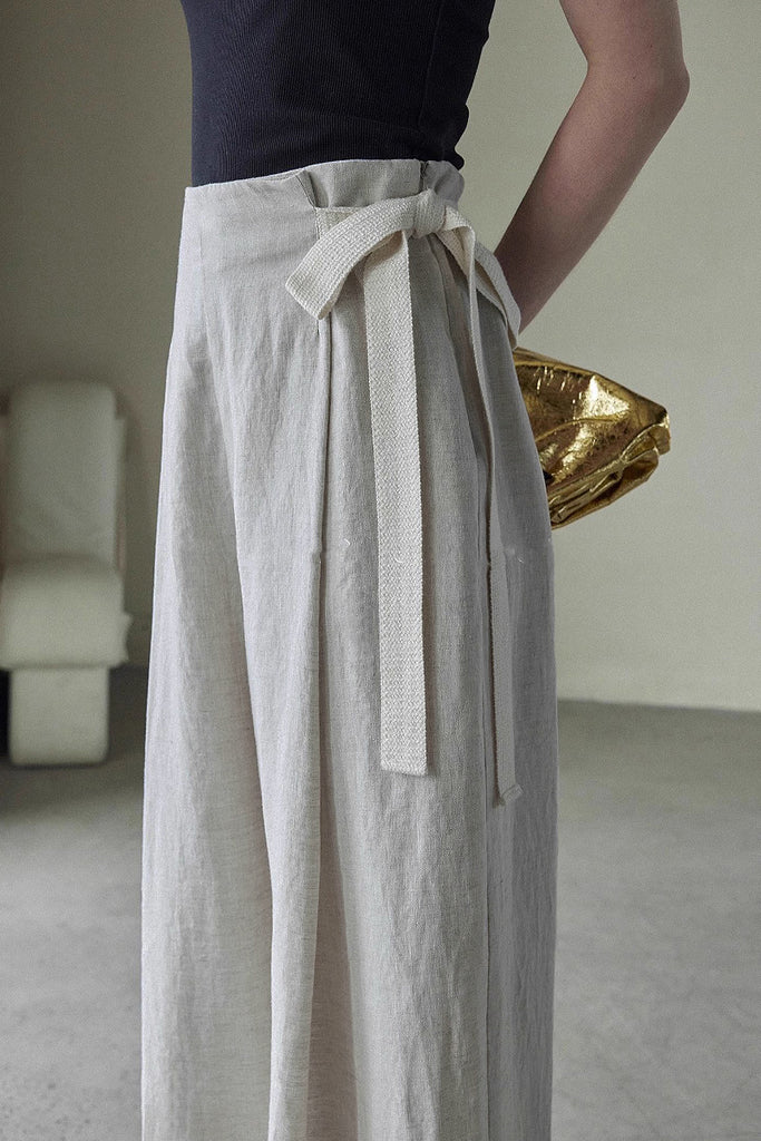Linen Side-Tie Wide-Leg Pleated Pants  Fibflx
