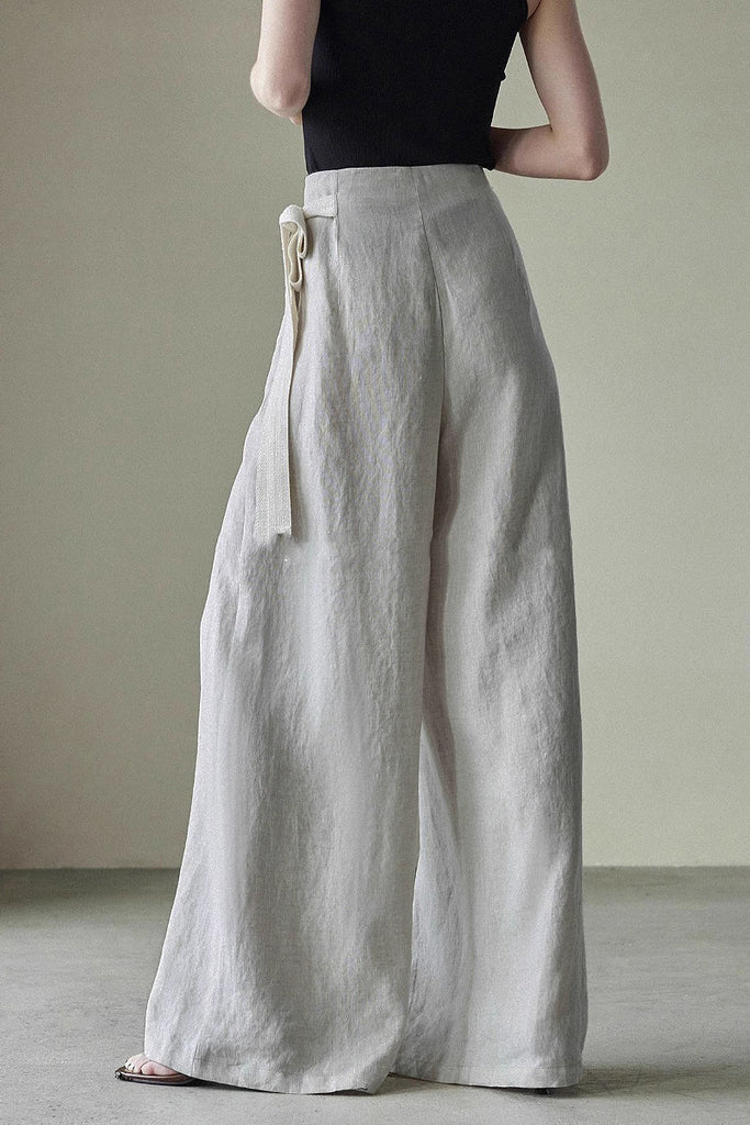 Linen Side-Tie Wide-Leg Pleated Pants  Fibflx