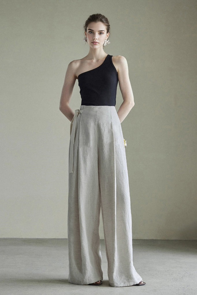Linen Side-Tie Wide-Leg Pleated Pants  Fibflx