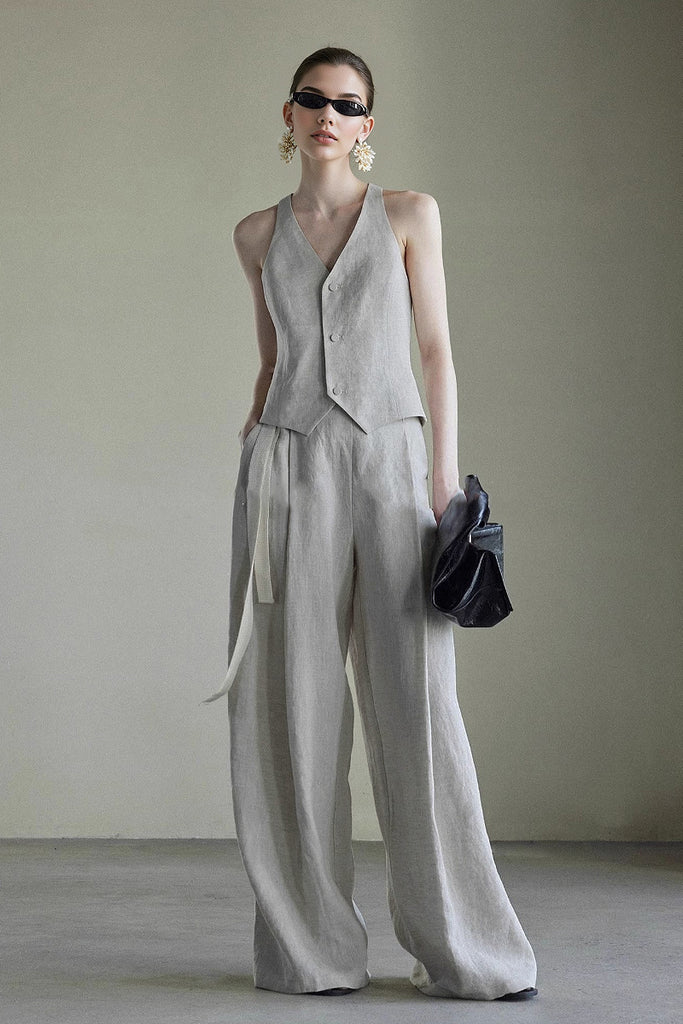 Linen Side-Tie Wide-Leg Pleated Pants  Fibflx