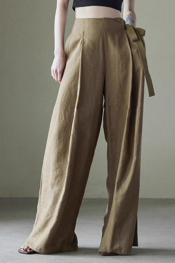 Linen Side-Tie Wide-Leg Pleated Pants M / Khaki Beige / 100% Linen Fibflx