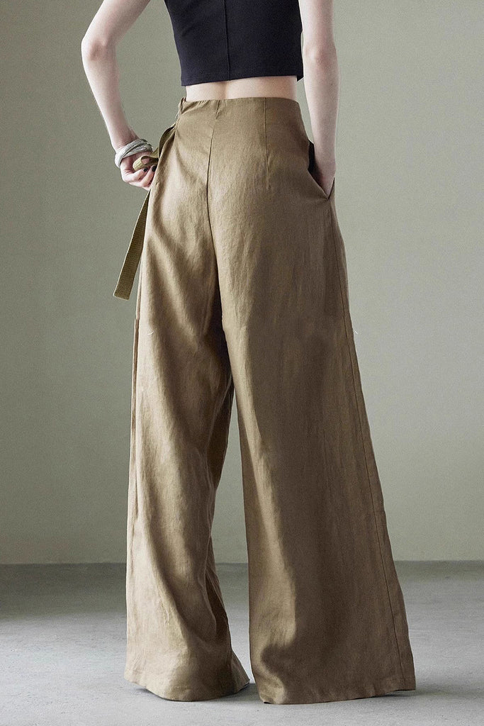 Linen Side-Tie Wide-Leg Pleated Pants  Fibflx