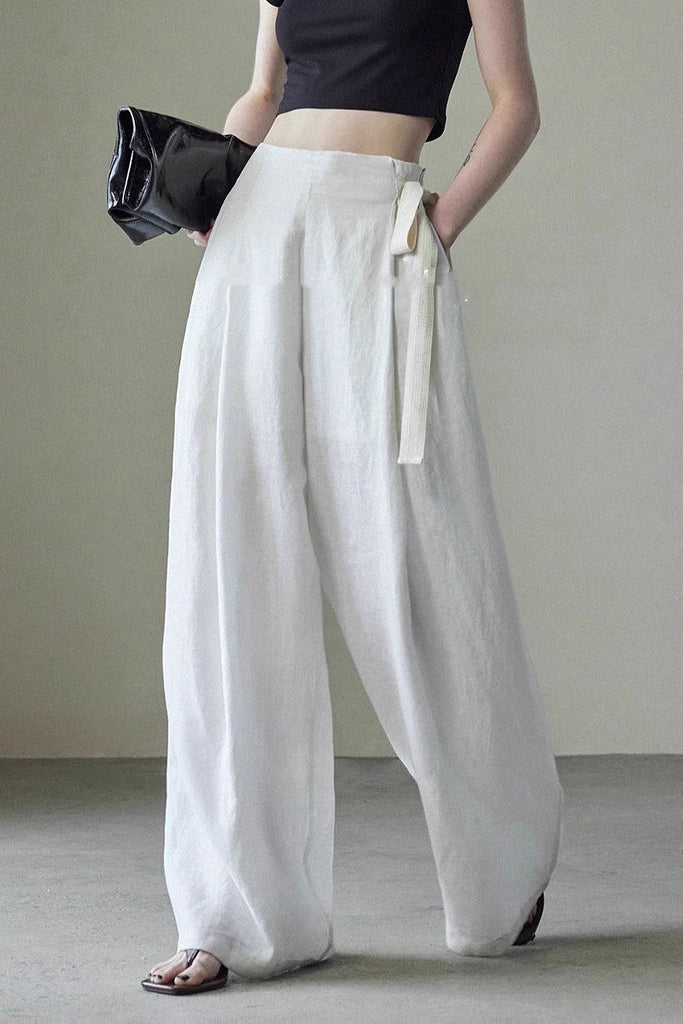 Linen Side-Tie Wide-Leg Pleated Pants M / White / 100% Linen Fibflx