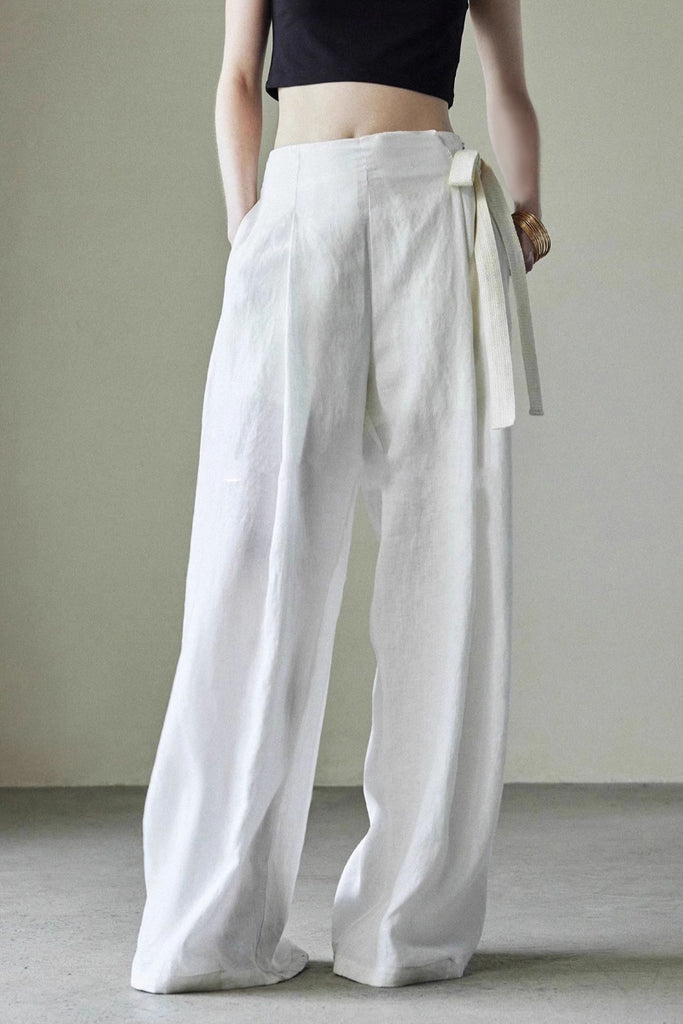 Fibflx Women's Linen Side-Tie Wide-Leg Pleated Pants