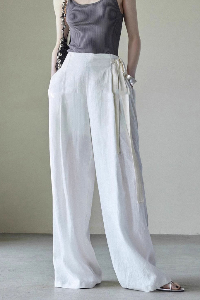 Linen Side-Tie Wide-Leg Pleated Pants  Fibflx