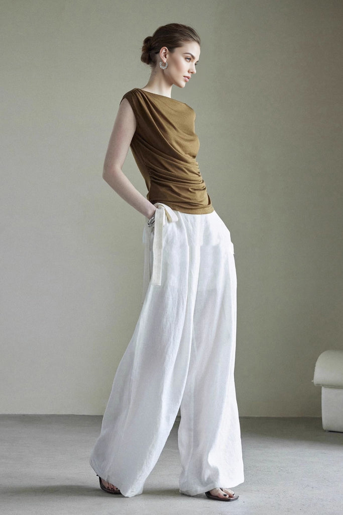 Linen Side-Tie Wide-Leg Pleated Pants  Fibflx