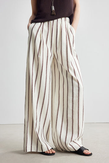 Linen Striped Pull-On Wide-Leg Pants - Fibflx
