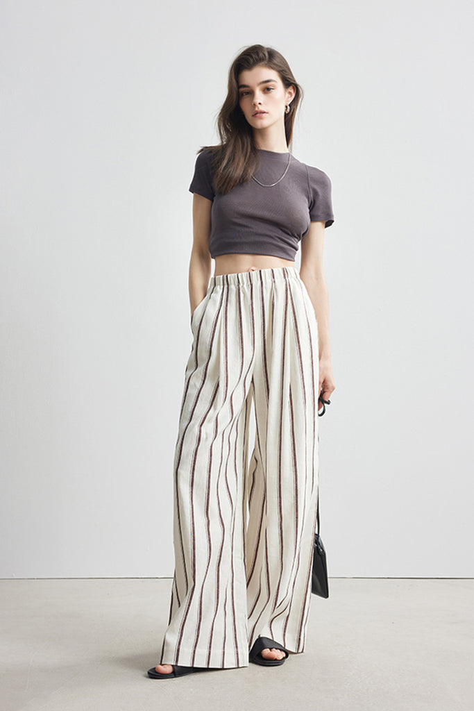 Linen Striped Pull-On Wide-Leg Pants - Fibflx
